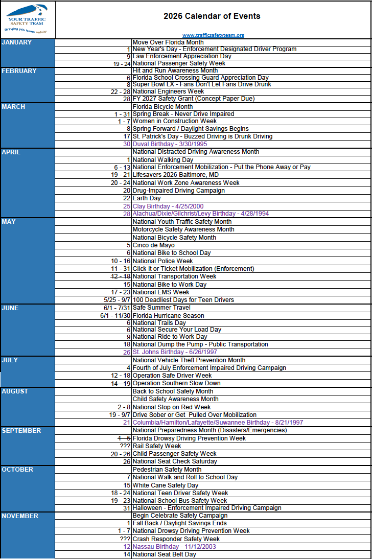 2026 CTST Calendar of Traffic Safety Events